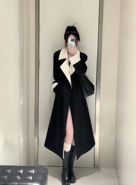 大码胖mm韩系高级感黑色翻领风衣女秋季新款赫本风中长款显瘦外套