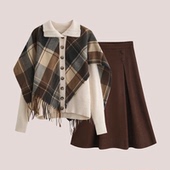 大码 冬 半裙两件套装 胖mm春秋季 不规则格纹披肩针织毛衣显瘦上衣