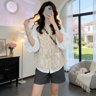 新款 提花马甲背心夏季 胖MM新中式 显瘦衬衫 两件套装 内搭灯笼袖 大码