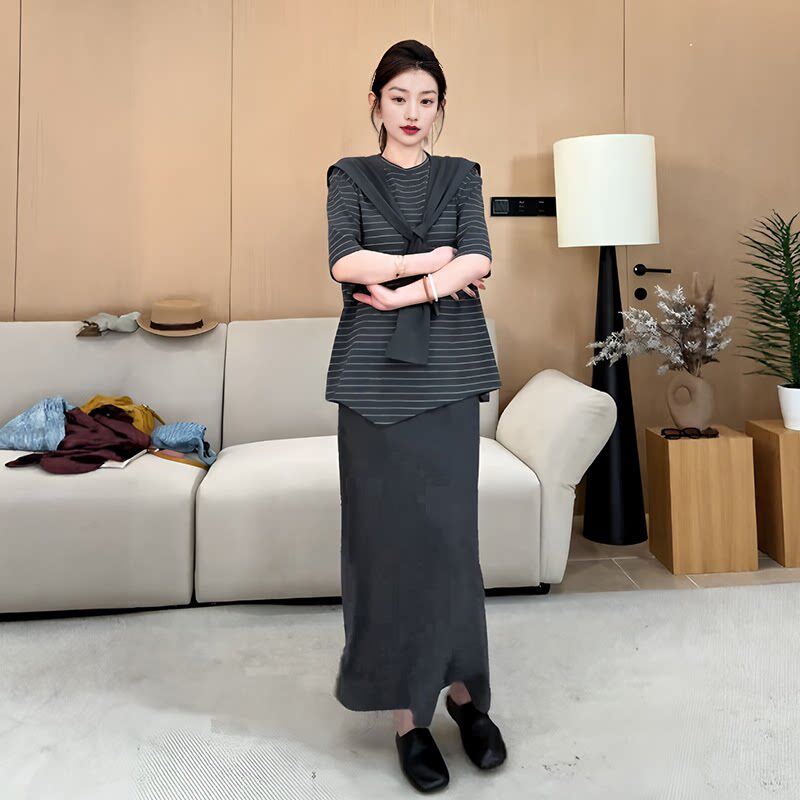 大码胖MM韩系chic不规则条纹短袖t恤披肩女夏季新款半身裙三件套