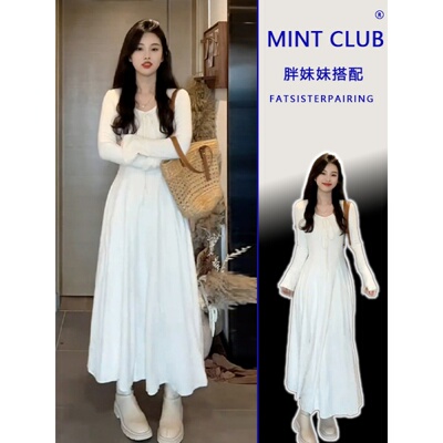 胖mm韩系温柔风圆领长袖连衣裙女