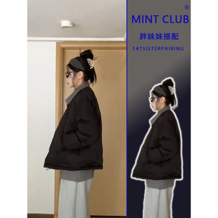 大码胖mm春季长袖上衣针织毛衣内搭两件套装美式复古棉服外套女装