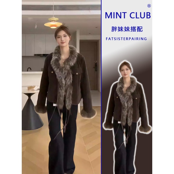 复古毛毛领皮毛一体短款保暖外套