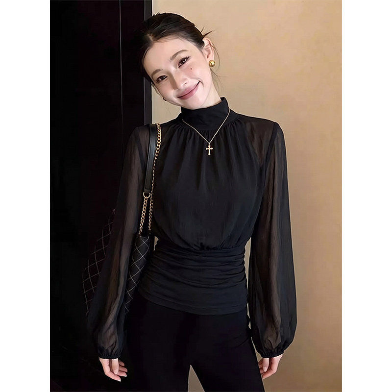 大码胖MM法式黑色灯笼袖高领雪纺衫t恤女秋季独特褶皱温柔打底衫