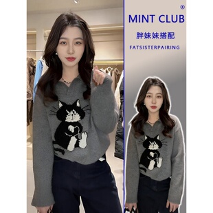 大码胖MM复古卡通小猫提花毛衣女款春季新款慵懒风宽松针织衫上衣