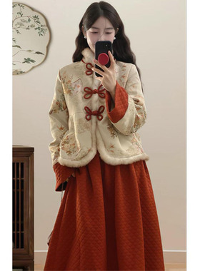 大码胖妹妹新中式国风拜年服时尚套装春秋季外套百搭半身裙一整套