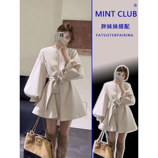 大码千金风灯笼袖中长款系带风衣女胖mm春秋气质收腰显瘦毛呢外套