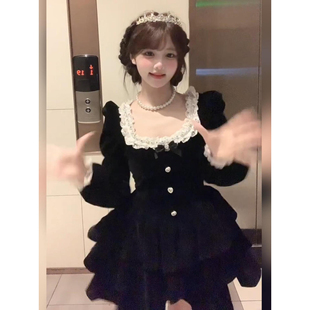 大码胖mm法式高级感千金风黑色长袖连衣裙女春季新款收腰显瘦裙子