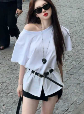 大码胖妹妹清纯系绝美穿搭上衣女夏季新款设计超好看斜肩短袖T恤