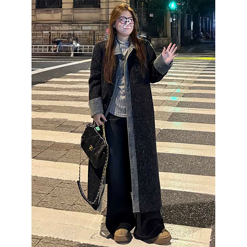大码胖MM女装韩版翻领牛仔拼接毛呢外套2025春季气质显瘦长款大衣