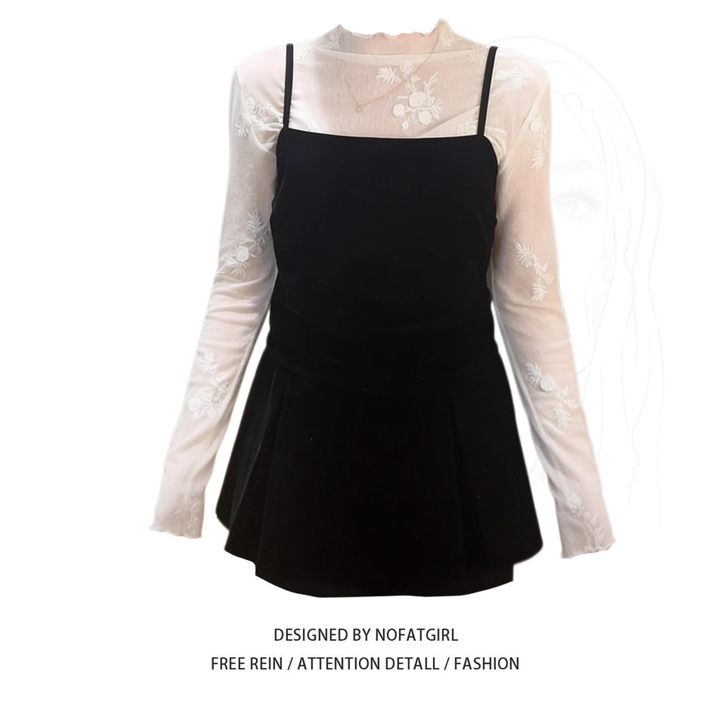 大码胖MM学院风套装抽绳绑带黑色吊带加网纱设计打底衫绝美两件套