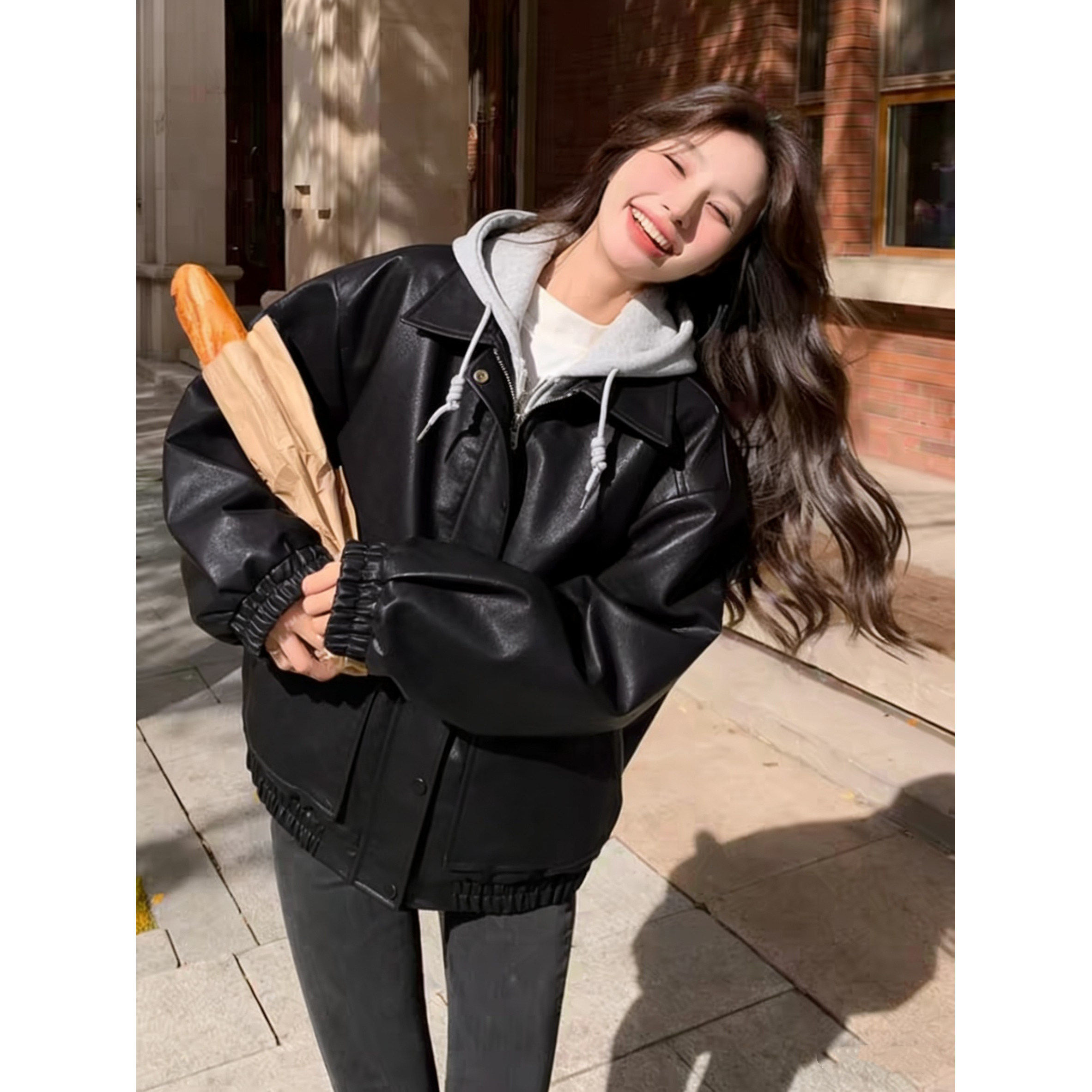 大码女装美式假两件连帽皮衣外套胖mm春季新款小香风短款夹克上衣,女装/女士精品,短外套,淘宝优惠券,粉丝福利购,淘宝优惠卷