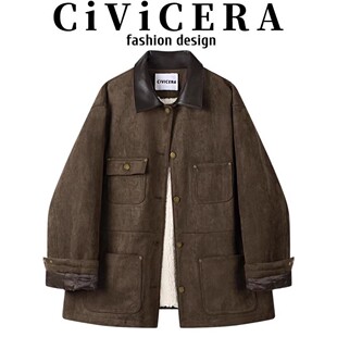 皮毛一体夹克上衣 新款 大码 胖mm高级感复古POLO领拼接保暖外套冬季