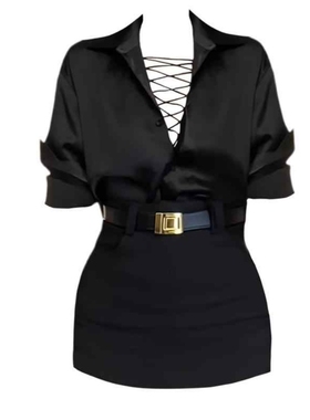 大码胖MM今年流行时尚套装法式设计感V领气质衬衫包臀裙两件套女