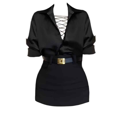 设计感V领气质衬衫包臀裙两件套