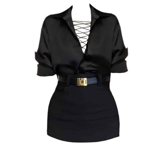 设计感V领气质衬衫包臀裙两件套