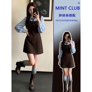 大码胖MM法式假两件衬衫式洋装连衣裙女装春季特别漂亮掐腰短裙