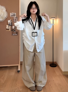 秋季新款极简风白色POLO领长袖衬衫大码胖mm杏色宽松阔腿裤两件套