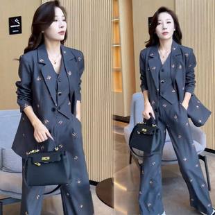 大码胖mm韩版冷淡系西装外套长裤三件套女装春季时髦御姐职场套装