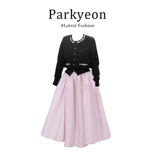 女春季 大码 胖mm温柔风设计圆领开衫 上衣套装 蓬蓬半身裙两件套 新款