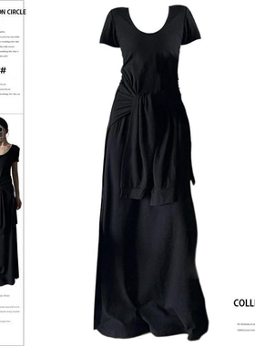 大码胖mm灰色假两件绑带短袖连衣裙女辣妹气质收腰显瘦垂感长裙子