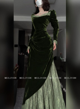 大码胖mm法式复古高级感绿色连衣裙女装秋季新款修身时尚气质长裙