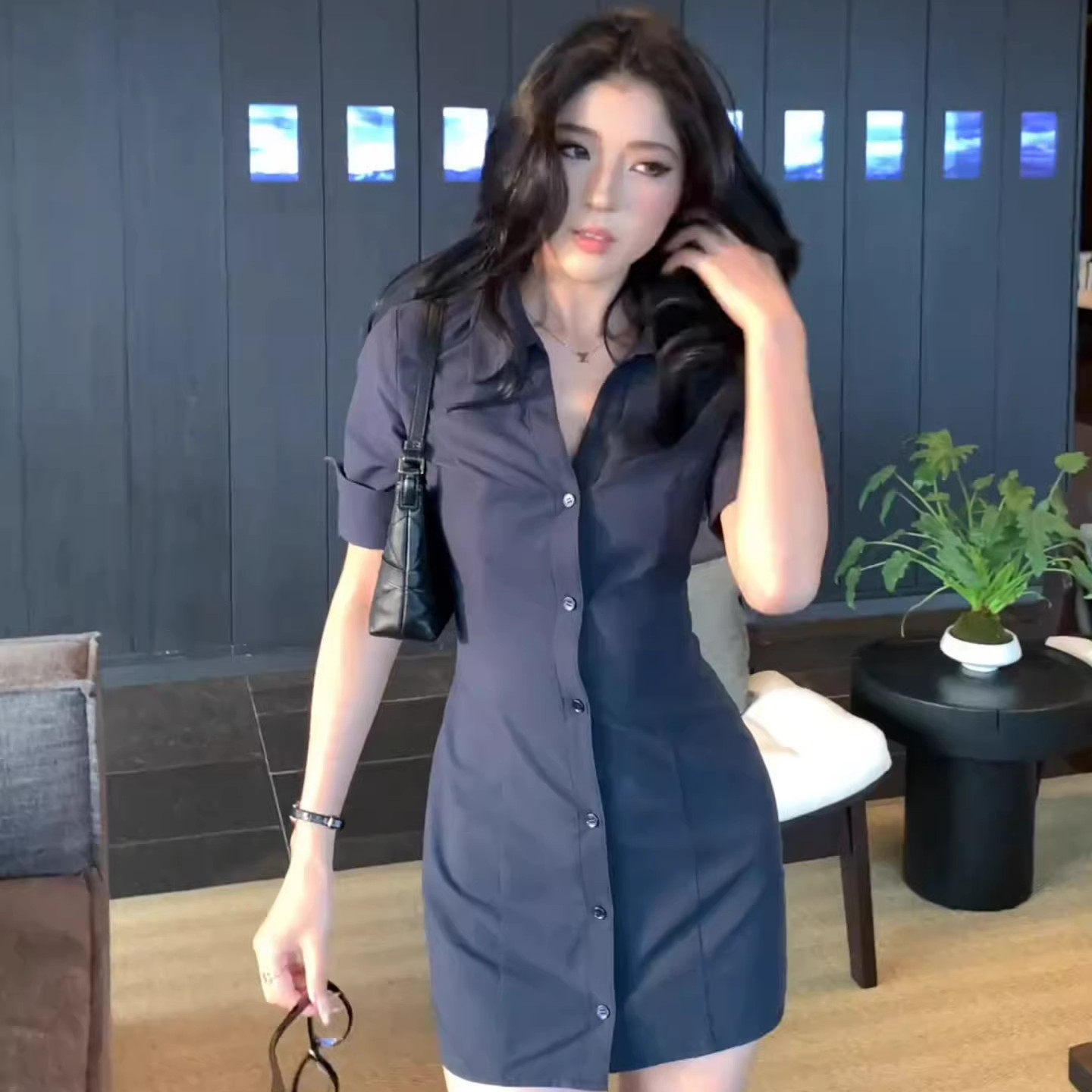 大码胖MM法式POLO领短袖衬衫连衣裙女夏季新款御姐气质修身短裙子