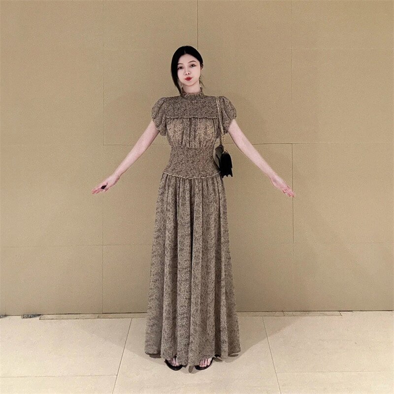 大码胖MM遮肉显瘦收腰修身泡泡袖连衣裙女夏季气质绝美A字长裙子