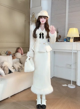 大码胖mm千金风白色毛呢外套半身裙两件套女秋冬收腰显瘦保暖套装