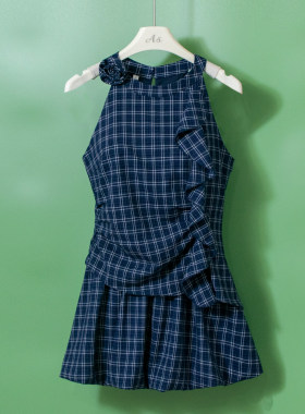 大码胖MM韩系学院风格子荷叶边无袖上衣女夏季新款显瘦短裙两件套