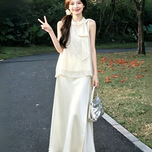 大码胖mm新中式千金风气质无袖衬衫加半身裙套装温柔风绝美两件套