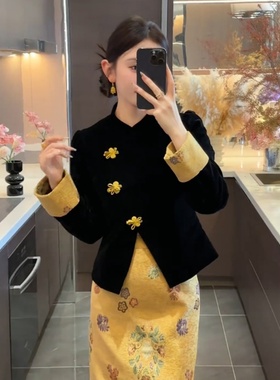 大码胖mm新中式立领盘扣套装女秋季气质显瘦绝美上衣半身裙两件套