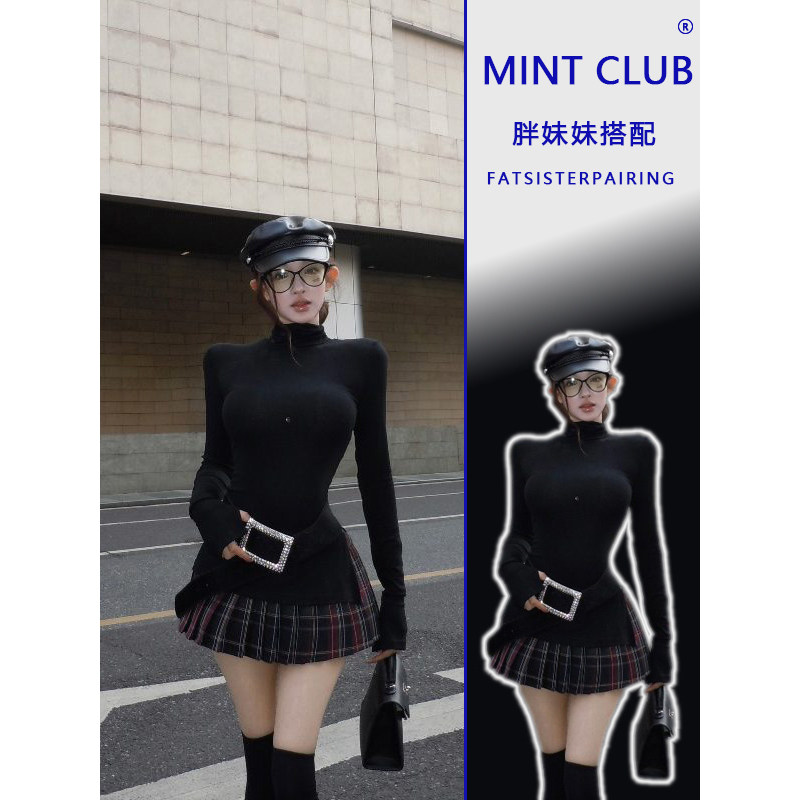 大码秋冬新款法式黑色半高领修身上衣女辣妹风格纹半身短裙两件套,女装/女士精品,时尚套装,淘宝优惠券,粉丝福利购,淘宝优惠卷