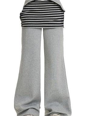 大码胖妹妹秋季新款独特设计感条纹屁帘拼接假两件裤子百搭休闲裤