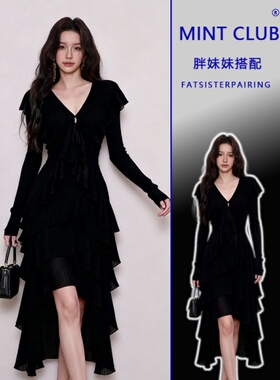 大码胖MM春季新款设计感不规则前短后长连衣裙女独特别致收腰裙子