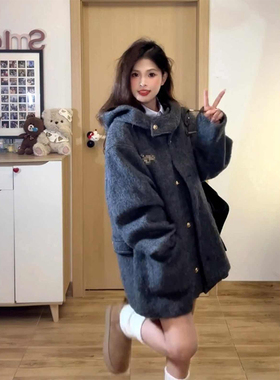 大码胖MM法式高级感毛呢大衣外套女装春秋季宽松显瘦上衣百搭毛衣
