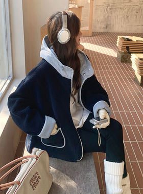 法式藏青色保暖羊羔毛厚外套女春