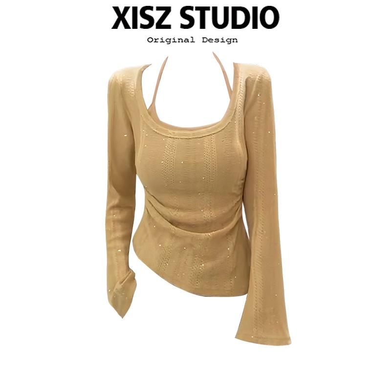 大码胖mm法式气质镂空挂脖细闪长袖针织衫女秋冬显瘦遮肉纯欲上衣