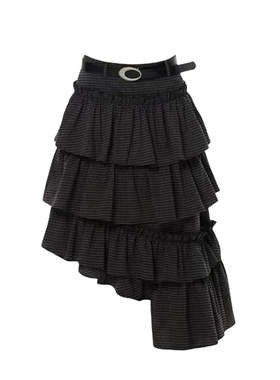 大码胖妹妹美式复古设计感不规则荷叶边格子蛋糕裙女百搭独特裙子