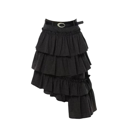 设计感不规则荷叶边格子蛋糕裙