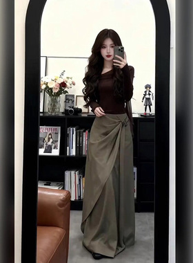 大码胖mm韩式设计感斜肩长袖上衣女秋季新款不规则飘带阔腿裤套装