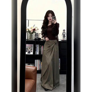 大码胖mm韩式设计感斜肩长袖上衣女春季新款不规则飘带阔腿裤套装