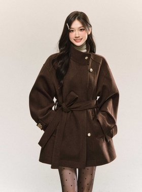 韩版设计感复古百搭毛呢外套秋冬新款气质系带收腰中长款呢子大衣