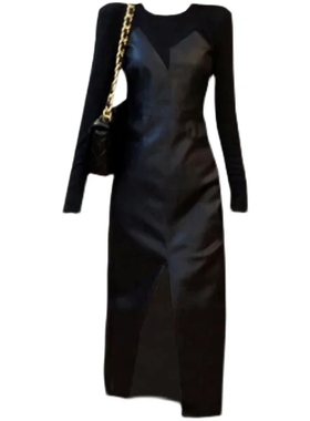 大码女装胖mm时髦气质百搭pu皮连衣裙女秋季新款百搭显瘦小黑裙潮