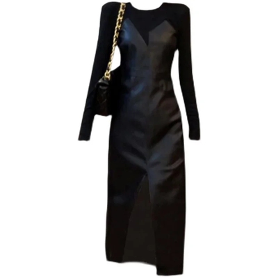 时髦气质百搭pu皮连衣裙