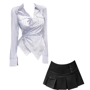 胖mm韩系时尚 掐腰衬衣短裙两件套装 条纹烫钻长袖 秋季 V领衬衫 大码