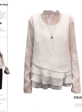 大码女装法式设计感内搭蕾丝上衣女胖mm春季新款叠穿白色圆领马甲