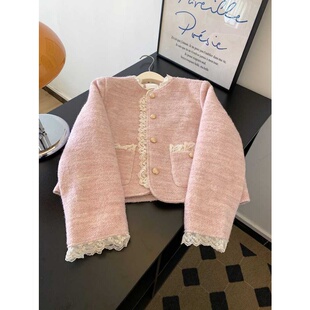上衣 蕾丝拼接气质加厚短款 大码 胖mm粉色减龄小香风外套女春秋新款
