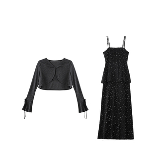 大码韩系宽松显瘦时尚套装女夏季胖mm吊带连衣裙加针织开衫两件套