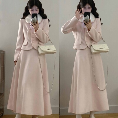 小香风减龄粉色短款外套高腰半裙